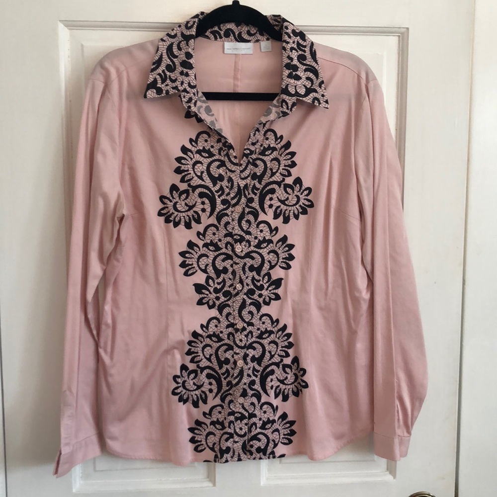 Light pink NY&Co blouse with black floral detail